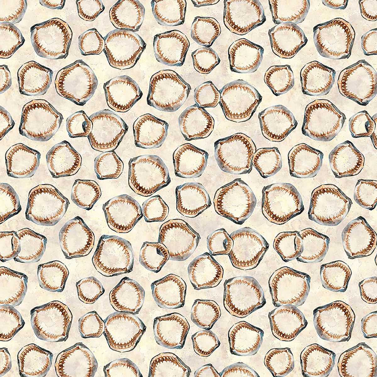 Image of Into the Deep Shark Jaws Tan quilting cotton fabric by Morris Creative Group for QT Fabrics. Features bones on a cream background. Cute Little Fabric Shop.
