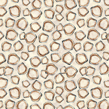 Image of Into the Deep Shark Jaws Tan quilting cotton fabric by Morris Creative Group for QT Fabrics. Features bones on a cream background. Cute Little Fabric Shop.