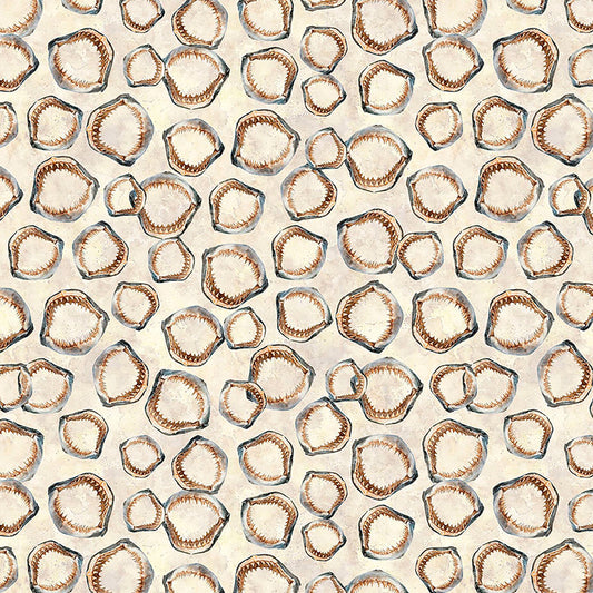 Image of Into the Deep Shark Jaws Tan quilting cotton fabric by Morris Creative Group for QT Fabrics. Features bones on a cream background. Cute Little Fabric Shop.