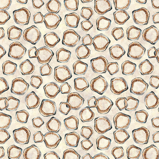 Image of Into the Deep Shark Jaws Tan quilting cotton fabric by Morris Creative Group for QT Fabrics. Features bones on a cream background. Cute Little Fabric Shop.