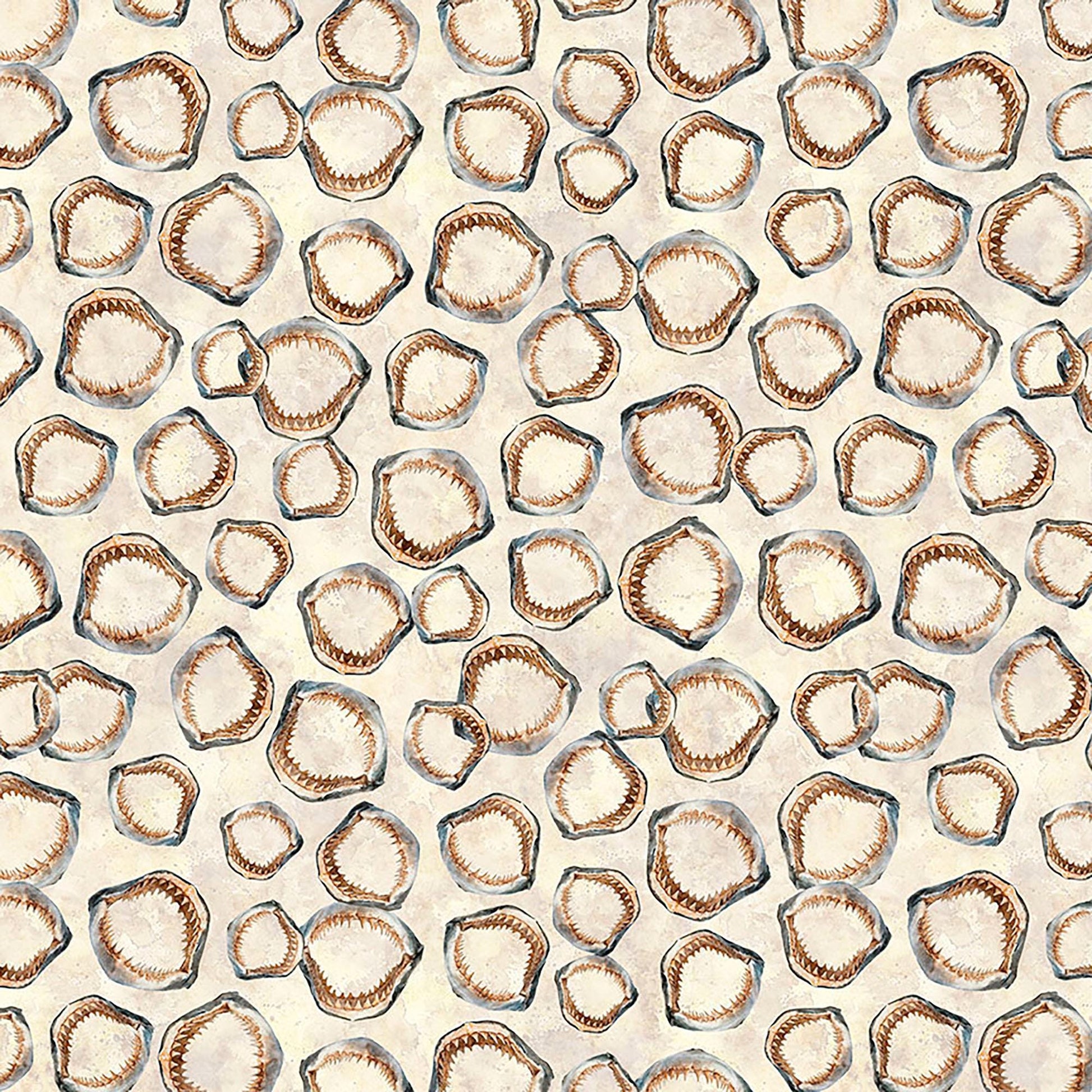 Image of Into the Deep Shark Jaws Tan quilting cotton fabric by Morris Creative Group for QT Fabrics. Features bones on a cream background. Cute Little Fabric Shop.