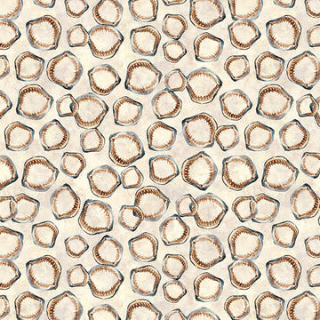 Image of Into the Deep Shark Jaws Tan quilting cotton fabric by Morris Creative Group for QT Fabrics. Features bones on a cream background. Cute Little Fabric Shop.