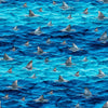 Image of Into the Deep Shark Fins Ocean quilting cotton fabric by Morris Creative Group for QT Fabrics. Features sharks on a blue background. Cute Little Fabric Shop.