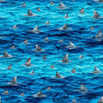 Image of Into the Deep Shark Fins Ocean quilting cotton fabric by Morris Creative Group for QT Fabrics. Features sharks on a blue background. Cute Little Fabric Shop.