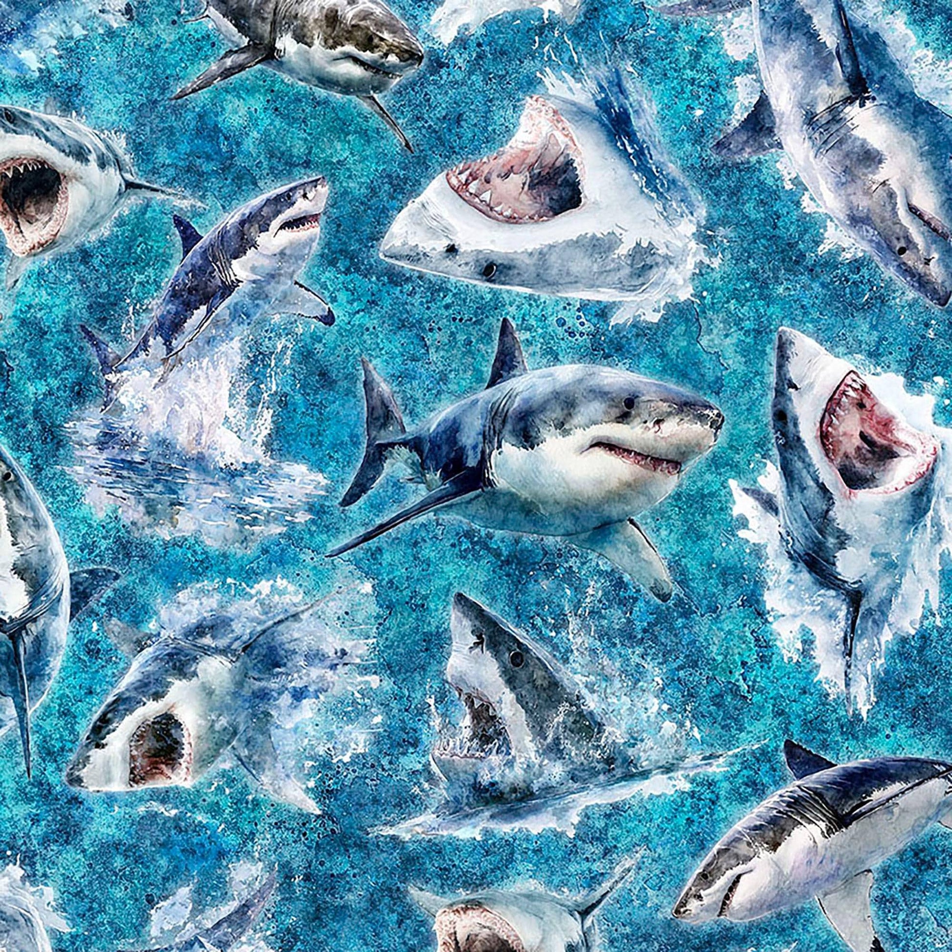Image of Into the Deep Great Whites Turquoise quilting cotton fabric by Morris Creative Group for QT Fabrics. Features sharks on a blue background. Cute Little Fabric Shop.