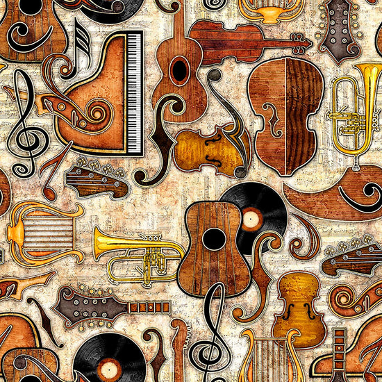 Image of Vivace Instruments Set Cream quilting cotton fabric by Morris Creative Group for QT Fabrics. Features instruments on a cream background. Cute Little Fabric Shop.