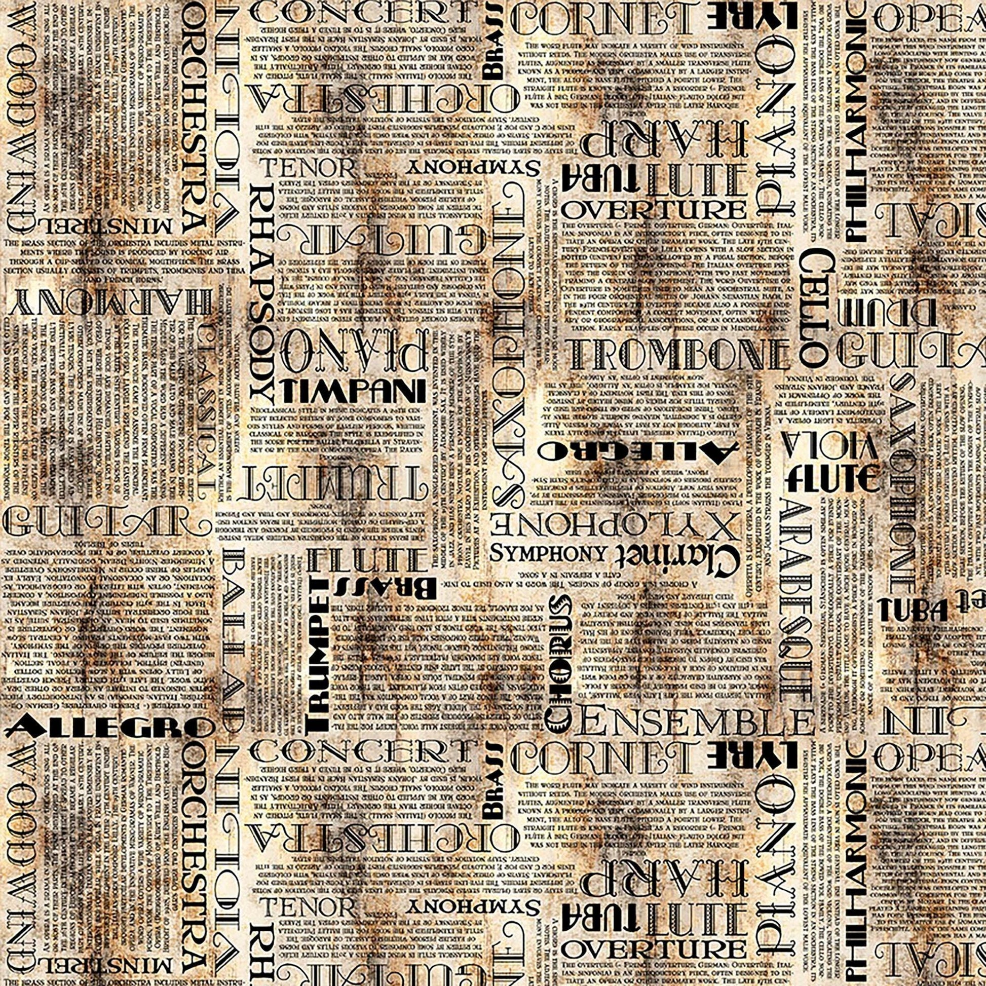 Image of Vivace Musical Text Parchment quilting cotton fabric by Morris Creative Group for QT Fabrics. Features words on a cream background. Cute Little Fabric Shop.