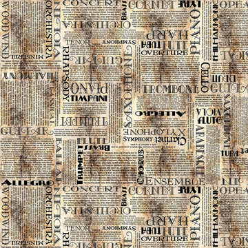 Image of Vivace Musical Text Parchment quilting cotton fabric by Morris Creative Group for QT Fabrics. Features words on a cream background. Cute Little Fabric Shop.
