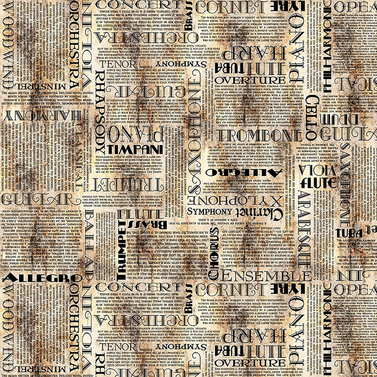 Image of Vivace Musical Text Parchment quilting cotton fabric by Morris Creative Group for QT Fabrics. Features words on a cream background. Cute Little Fabric Shop.