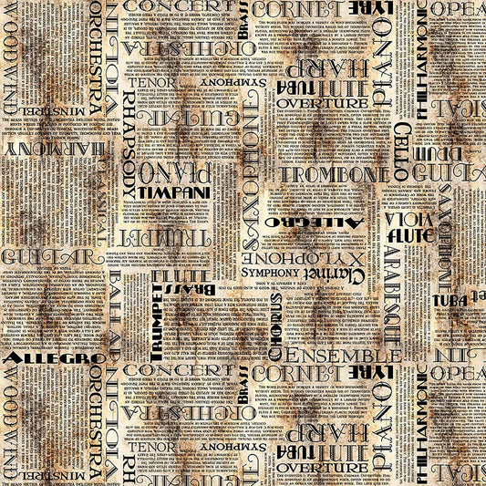Image of Vivace Musical Text Parchment quilting cotton fabric by Morris Creative Group for QT Fabrics. Features words on a cream background. Cute Little Fabric Shop.