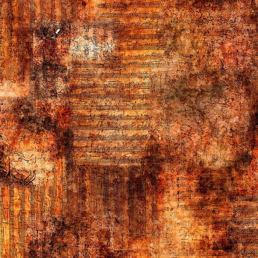 Image of Vivace Sheet Music Rust quilting cotton fabric by Morris Creative Group for QT Fabrics. Features music on an orange background. Cute Little Fabric Shop.