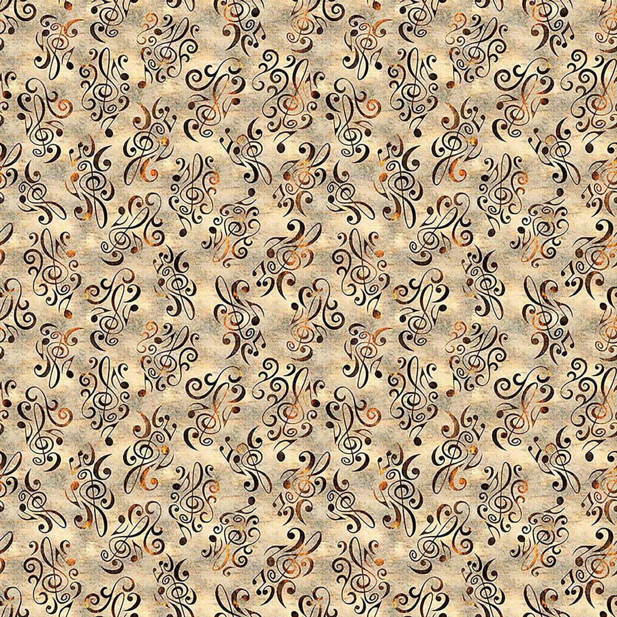 Image of Vivace Musical Flourish Tan quilting cotton fabric by Morris Creative Group for QT Fabrics. Features spirals on a cream background. Cute Little Fabric Shop.