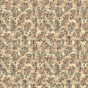 Image of Vivace Musical Flourish Tan quilting cotton fabric by Morris Creative Group for QT Fabrics. Features spirals on a cream background. Cute Little Fabric Shop.