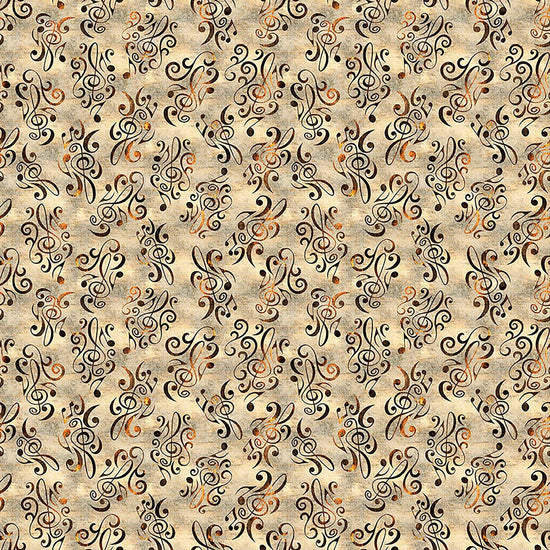 Image of Vivace Musical Flourish Tan quilting cotton fabric by Morris Creative Group for QT Fabrics. Features spirals on a cream background. Cute Little Fabric Shop.