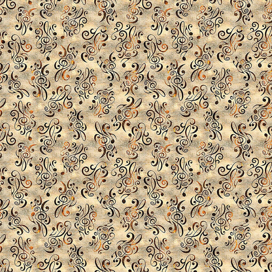 Image of Vivace Musical Flourish Tan quilting cotton fabric by Morris Creative Group for QT Fabrics. Features spirals on a cream background. Cute Little Fabric Shop.