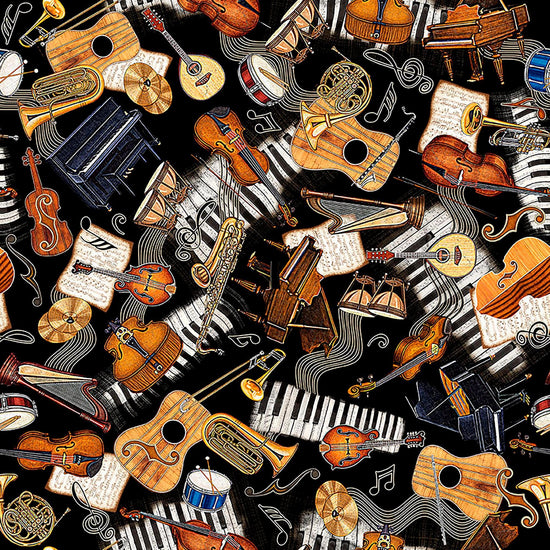 Image of Vivace Musical Instruments Toss Black quilting cotton fabric by Morris Creative Group for QT Fabrics. Features instruments on a black background. Cute Little Fabric Shop.