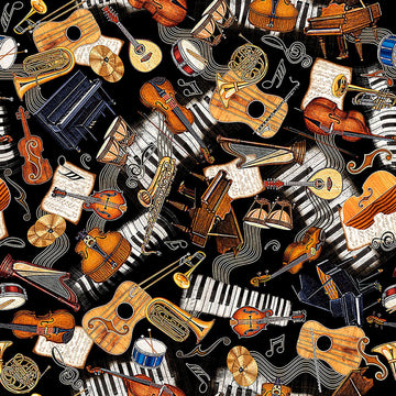 Image of Vivace Musical Instruments Toss Black quilting cotton fabric by Morris Creative Group for QT Fabrics. Features instruments on a black background. Cute Little Fabric Shop.