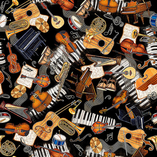 Image of Vivace Musical Instruments Toss Black quilting cotton fabric by Morris Creative Group for QT Fabrics. Features instruments on a black background. Cute Little Fabric Shop.