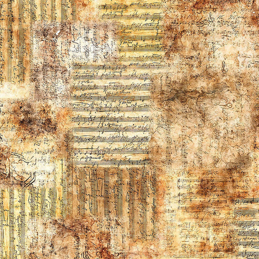 Image of Vivace Sheet Music Tan quilting cotton fabric by Morris Creative Group for QT Fabrics. Features music on a beige background. Cute Little Fabric Shop.