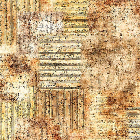 Image of Vivace Sheet Music Tan quilting cotton fabric by Morris Creative Group for QT Fabrics. Features music on a beige background. Cute Little Fabric Shop.