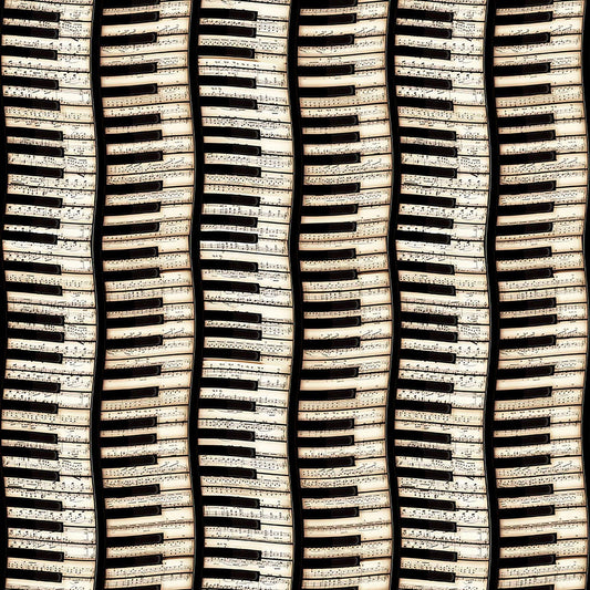 Image of Vivace Piano Keys Beige quilting cotton fabric by Morris Creative Group for QT Fabrics. Features piano on a cream background. Cute Little Fabric Shop.
