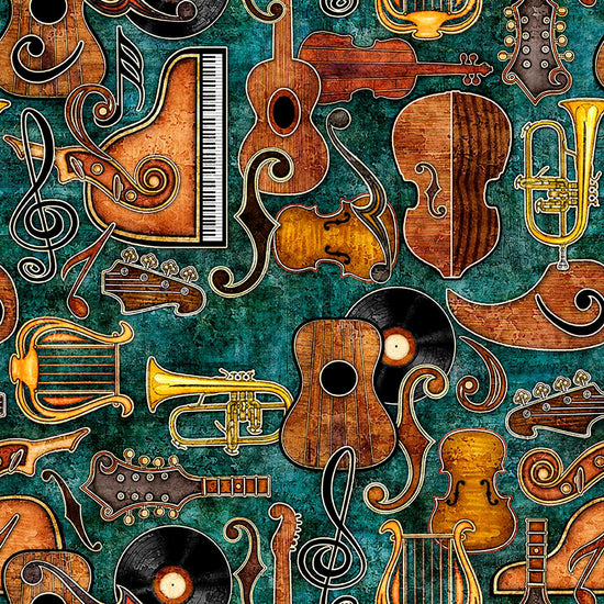 Image of Vivace Musical Instruments Set Teal quilting cotton fabric by Morris Creative Group for QT Fabrics. Features instruments on a blue background. Cute Little Fabric Shop.