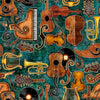 Image of Vivace Musical Instruments Set Teal quilting cotton fabric by Morris Creative Group for QT Fabrics. Features instruments on a blue background. Cute Little Fabric Shop.