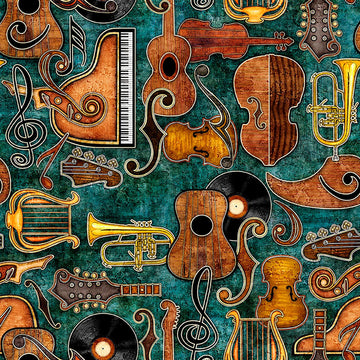 Image of Vivace Musical Instruments Set Teal quilting cotton fabric by Morris Creative Group for QT Fabrics. Features instruments on a blue background. Cute Little Fabric Shop.