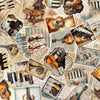 Image of Vivace Musical Patches Tan quilting cotton fabric by Morris Creative Group for QT Fabrics. Features instruments on a cream background. Cute Little Fabric Shop.