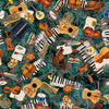 Image of Vivace Musical Instruments Toss Teal quilting cotton fabric by Morris Creative Group for QT Fabrics. Features instruments on a blue background. Cute Little Fabric Shop.