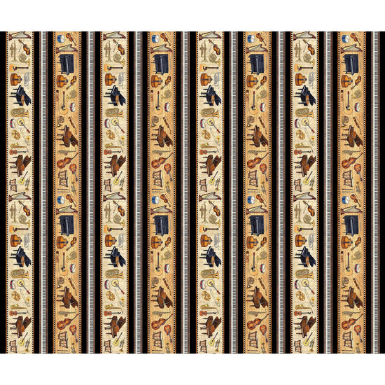 Image of Vivace Musical Border Stripe Tan quilting cotton fabric by Morris Creative Group for QT Fabrics. Features stripes on a cream background. Cute Little Fabric Shop.