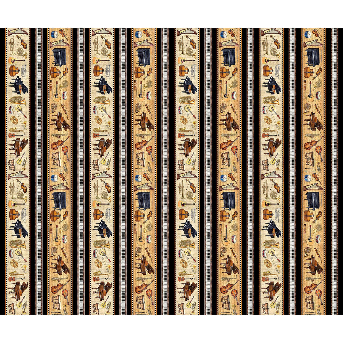 Image of Vivace Musical Border Stripe Tan quilting cotton fabric by Morris Creative Group for QT Fabrics. Features stripes on a cream background. Cute Little Fabric Shop.