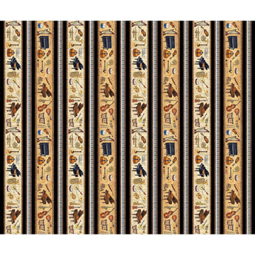 Image of Vivace Musical Border Stripe Tan quilting cotton fabric by Morris Creative Group for QT Fabrics. Features stripes on a cream background. Cute Little Fabric Shop.