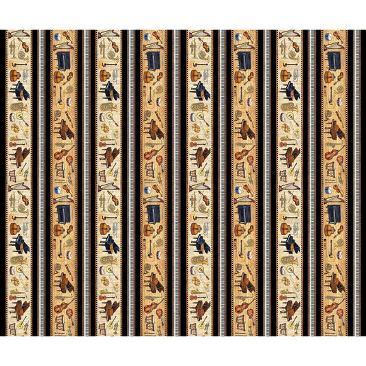Image of Vivace Musical Border Stripe Tan quilting cotton fabric by Morris Creative Group for QT Fabrics. Features stripes on a cream background. Cute Little Fabric Shop.