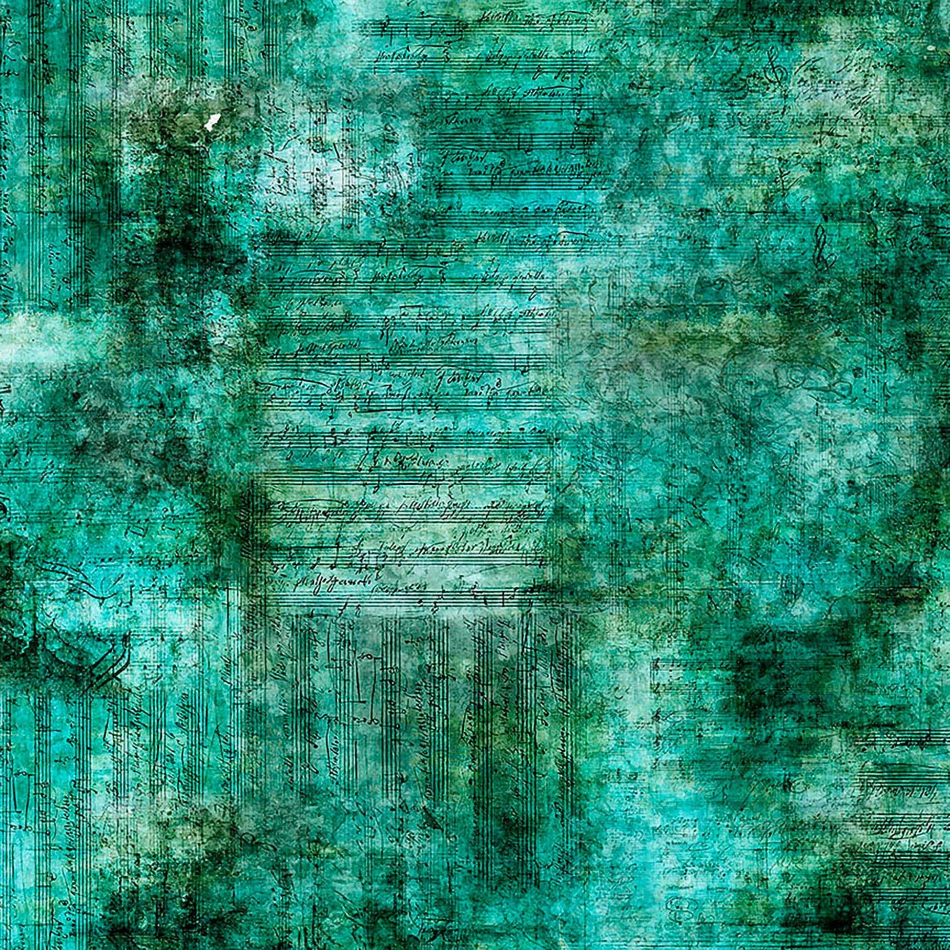 Image of Vivace Sheet Music Turquoise quilting cotton fabric by Morris Creative Group for QT Fabrics. Features music on a blue background. Cute Little Fabric Shop.