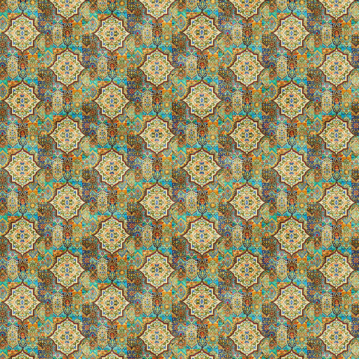 Image of Book Club Medallion Geo Sage quilting cotton fabric by Morris Creative Group for QT Fabrics. Features a geometric pattern on a green background. Cute Little Fabric Shop.
