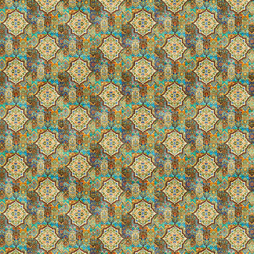 Image of Book Club Medallion Geo Sage quilting cotton fabric by Morris Creative Group for QT Fabrics. Features a geometric pattern on a green background. Cute Little Fabric Shop.