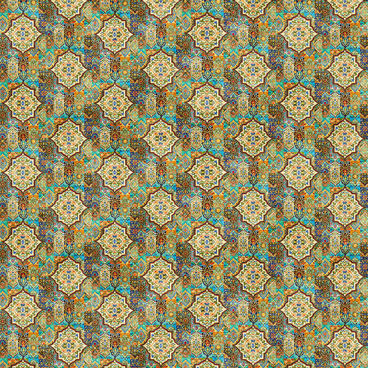 Image of Book Club Medallion Geo Sage quilting cotton fabric by Morris Creative Group for QT Fabrics. Features a geometric pattern on a green background. Cute Little Fabric Shop.