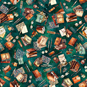 Image of Book Club Letter Vignettes Teal quilting cotton fabric by Morris Creative Group for QT Fabrics. Features books on a blue background. Cute Little Fabric Shop.