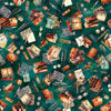 Image of Book Club Letter Vignettes Teal quilting cotton fabric by Morris Creative Group for QT Fabrics. Features books on a blue background. Cute Little Fabric Shop.
