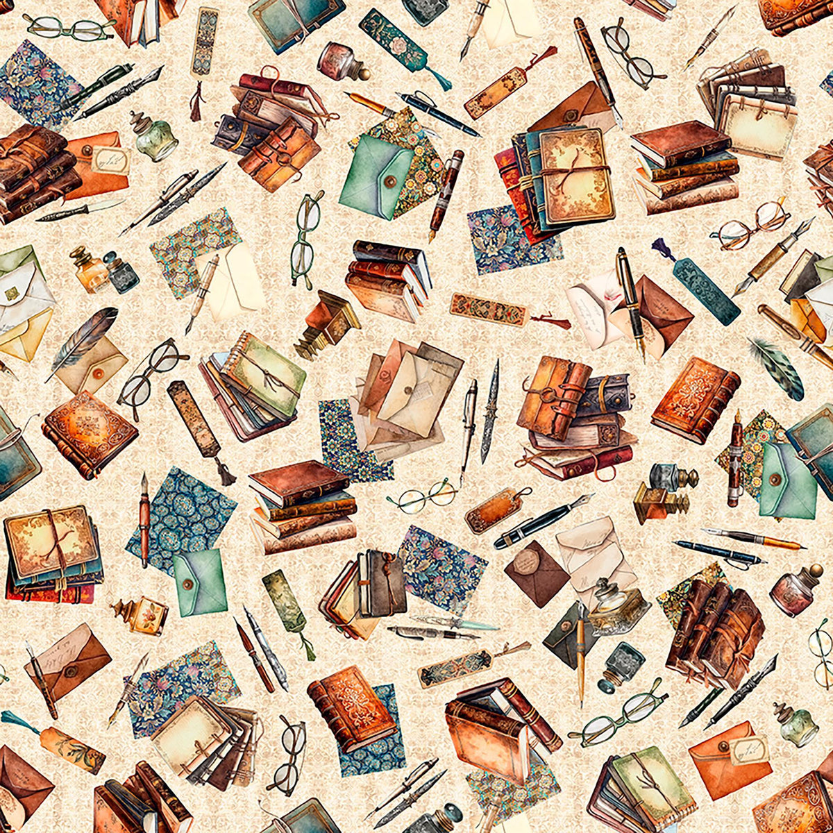 Image of Book Club Letter Vignettes Cream quilting cotton fabric by Morris Creative Group for QT Fabrics. Features books on a cream background. Cute Little Fabric Shop.
