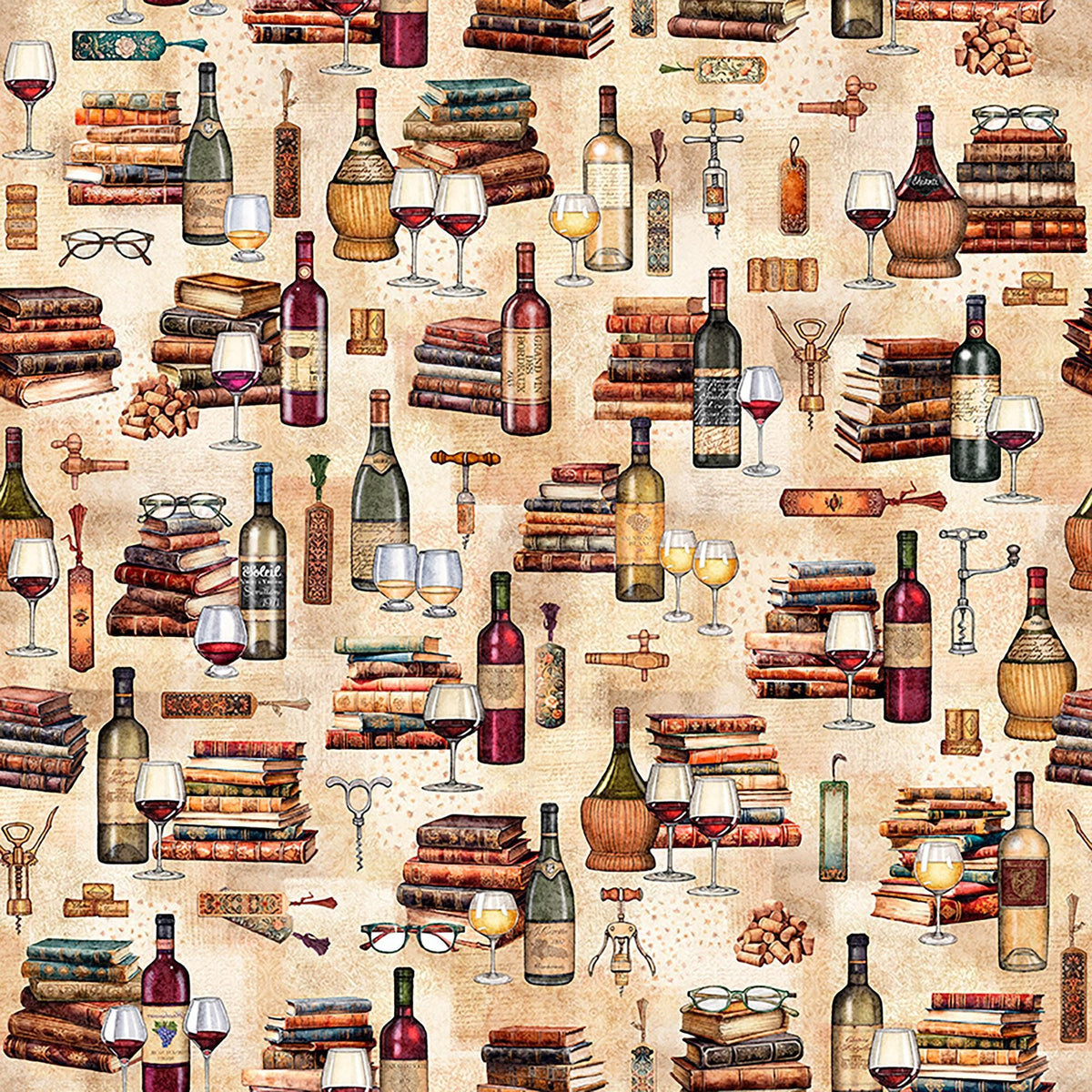 Image of Book Club Wine & Books Tan quilting cotton fabric by Morris Creative Group for QT Fabrics. Features books on a cream background. Cute Little Fabric Shop.