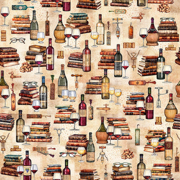 Image of Book Club Wine & Books Tan quilting cotton fabric by Morris Creative Group for QT Fabrics. Features books on a cream background. Cute Little Fabric Shop.