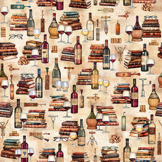 Image of Book Club Wine & Books Tan quilting cotton fabric by Morris Creative Group for QT Fabrics. Features books on a cream background. Cute Little Fabric Shop.