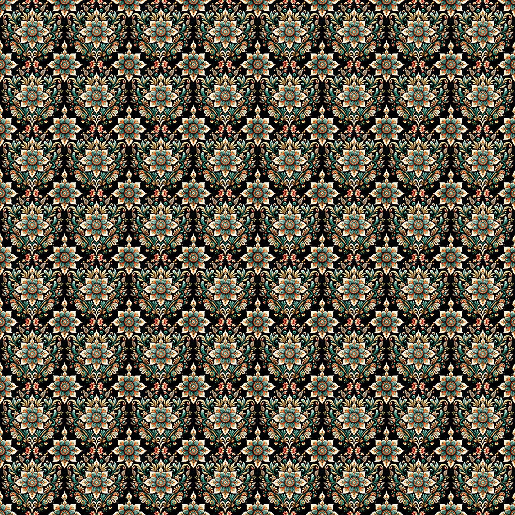 Image of Book Club Flower Geo Black quilting cotton fabric by Morris Creative Group for QT Fabrics. Features flowers on a black background. Cute Little Fabric Shop.