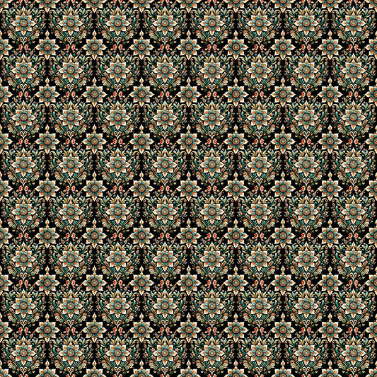 Image of Book Club Flower Geo Black quilting cotton fabric by Morris Creative Group for QT Fabrics. Features flowers on a black background. Cute Little Fabric Shop.
