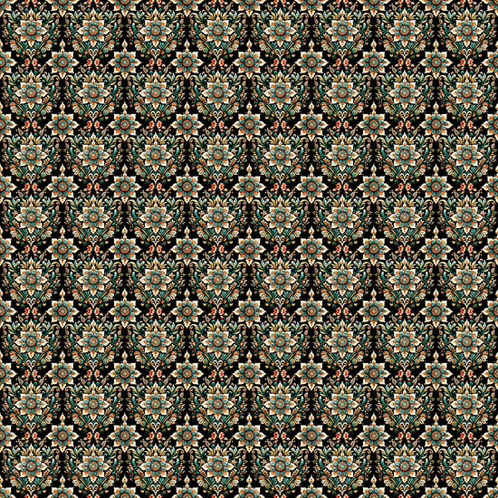 Image of Book Club Flower Geo Black quilting cotton fabric by Morris Creative Group for QT Fabrics. Features flowers on a black background. Cute Little Fabric Shop.