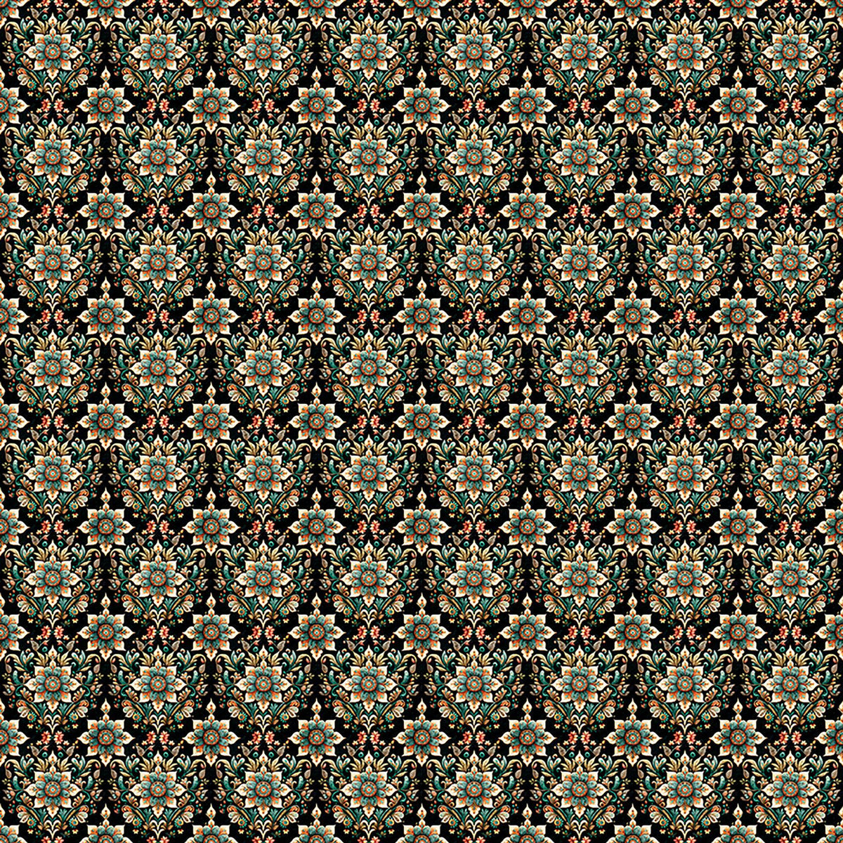 Image of Book Club Flower Geo Black quilting cotton fabric by Morris Creative Group for QT Fabrics. Features flowers on a black background. Cute Little Fabric Shop.