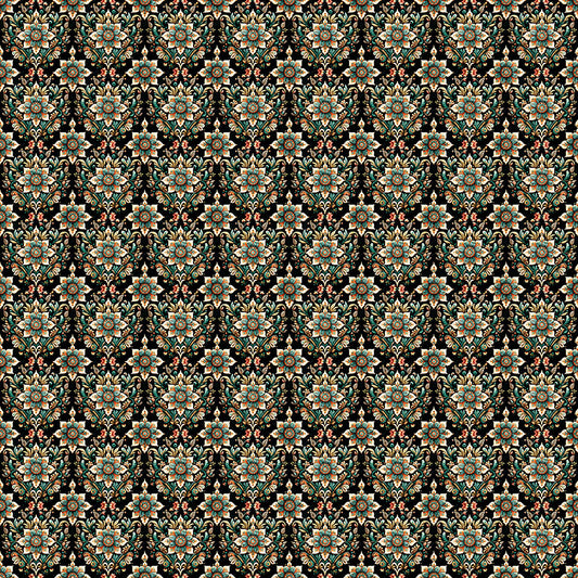 Image of Book Club Flower Geo Black quilting cotton fabric by Morris Creative Group for QT Fabrics. Features flowers on a black background. Cute Little Fabric Shop.