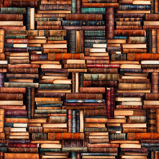 Image of Book Club Stacked Books Multi quilting cotton fabric by Morris Creative Group for QT Fabrics. Features books on a brown background. Cute Little Fabric Shop.